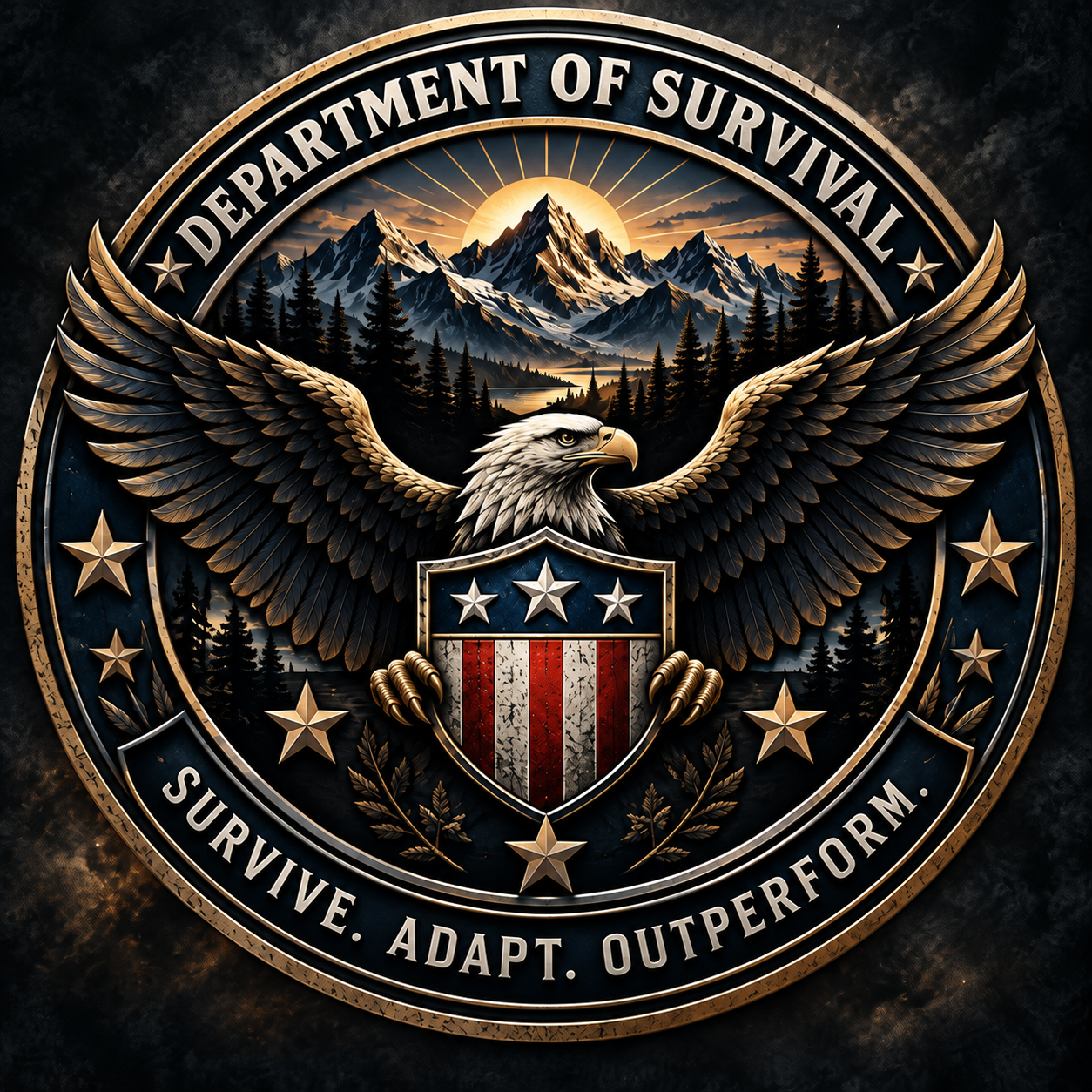 Department of Survival eagle and shield emblem, mountains, forest, sunrise and the motto Survive. Adapt. Outperform.