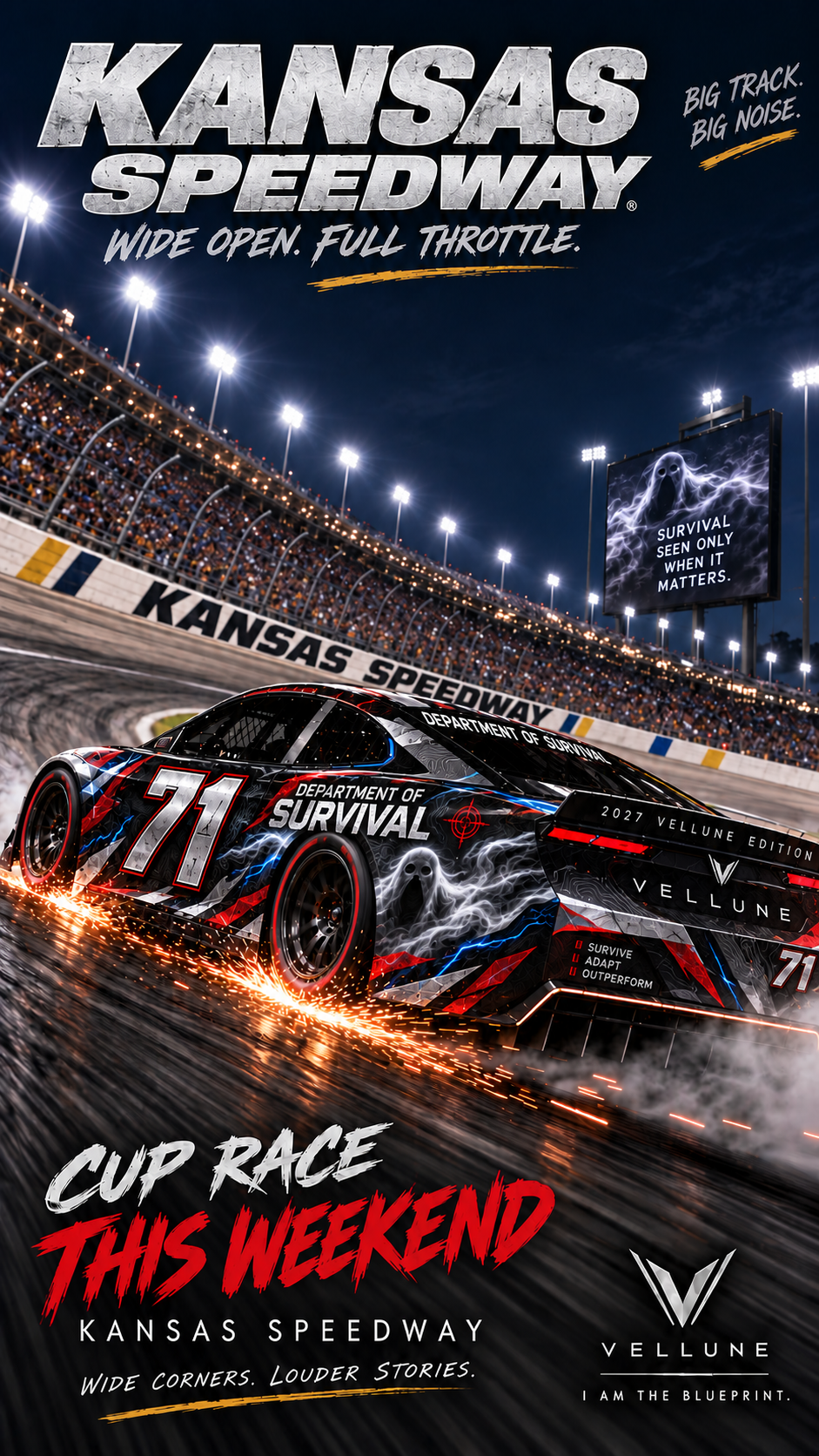 Number 71 2027 Vellune in Department of Survival black, silver, red and blue livery at Kansas Speedway; fictional racing artwork.